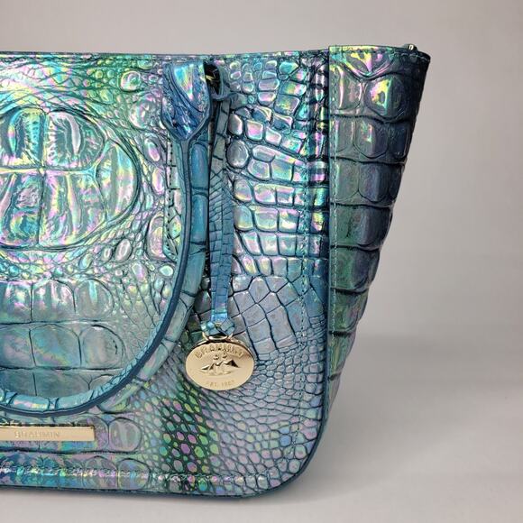BRAHMIN Small Ashlee Blue Topaz Melbourne Satchel Leather Iridescent Holo NWT - Picture 3 of 14